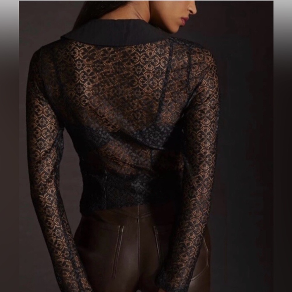 Maeve Anthropologie Sheer Open Lace Button Up Black Collared Shirt Top M NWT - Picture 2 of 14